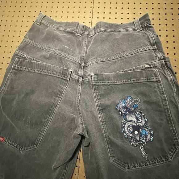 JNCO Jean Shorts Mens 38x12.5 Washed Black Snake Double Deep Pockets Y2K 2000’s - Picture 5 of 16